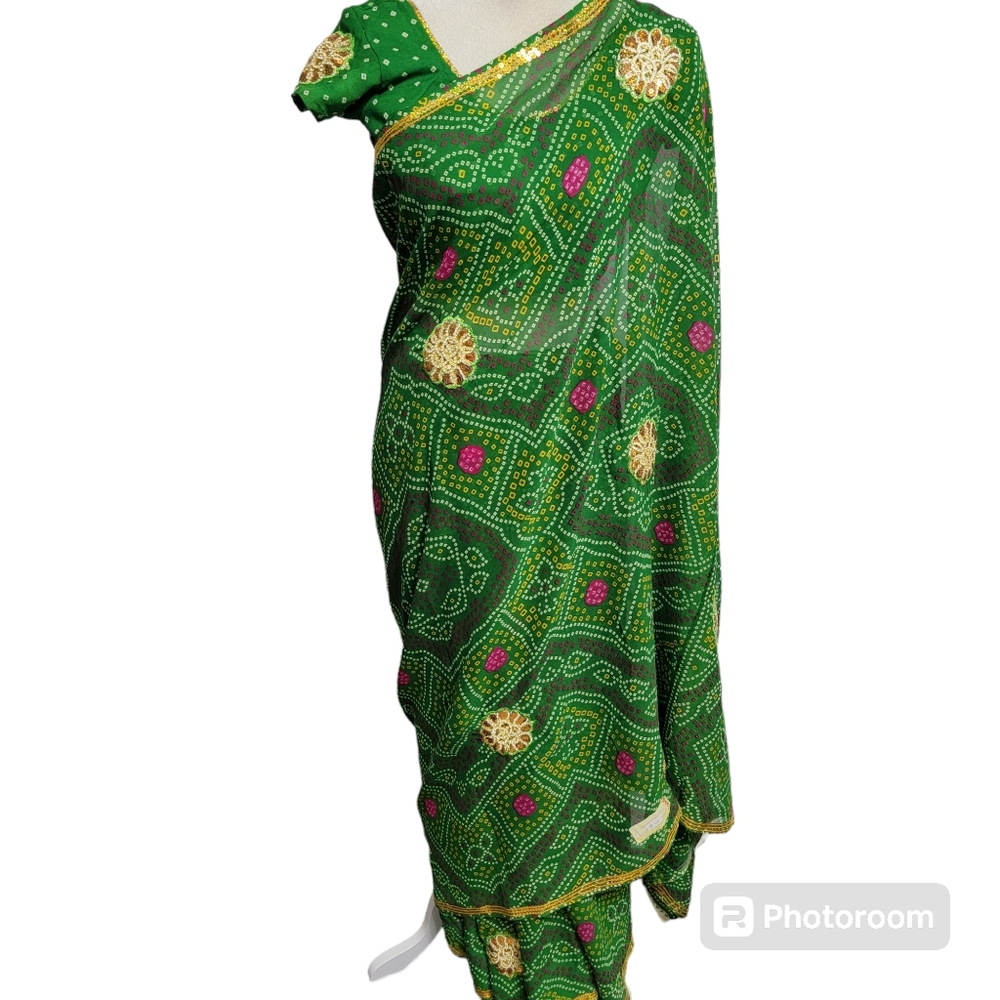 Green, yellow, pink gujarati polyester saree/sari for party or wedding wear